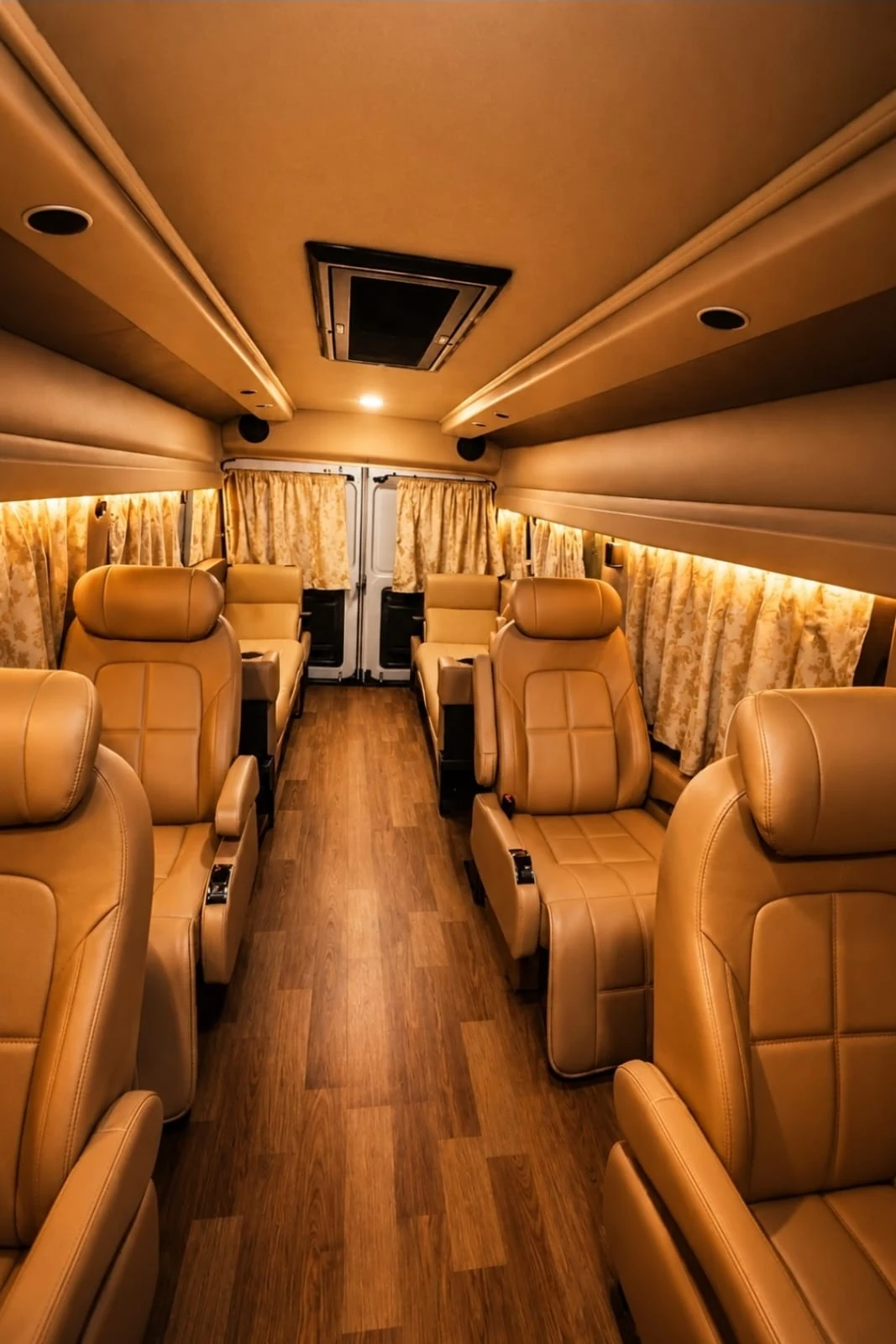 Wide view of private traveller lounge and full-size bed